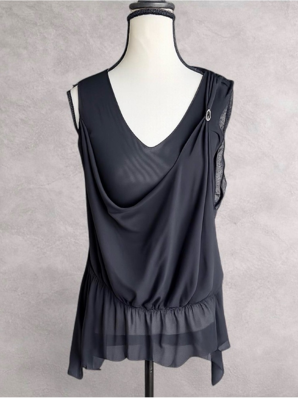 Petit Pois by Viviana G — Black Sheer Draped Asymmetrical Tunic Top - Size S
